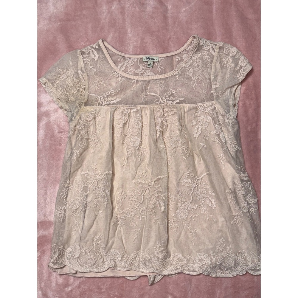 Lily Star‎ Lace Cap Sleeve Peasant Top Blouse Women's Size Small Pink Sheer